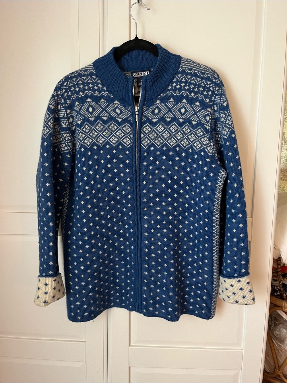 Lands End Blue Zip-Front Wool Norwegian Pattern Sweater
